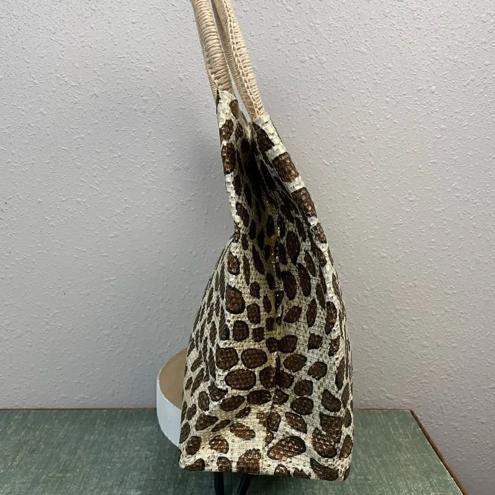 Leopard Print Woven Paper Tote EUC